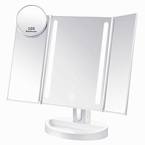 ASSIS Led Lighted Makeup Mirror with 10X Magnifying, Natural LED, Touch Screen and Auto Off Dual Power Supply, 180° Adjustable, Portable Compact Travel Trifold Vanity Mirror (White)