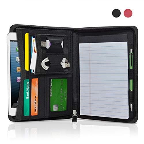 VNOM Small Zipper Portfolio Padfolio File Folder Professional PU Leather Folio Binder Notepad Interview Resume Legal Document Business Card Organizer for iPad Tablet Mini 5x8 Writing Pad(Black)