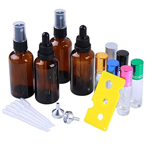 Assorted Amber Glass Containers for Essential Oils Aromatherapy & DIY Natural Skincare, 10 pack – 2 oz Droppers(2 pcs), 2 oz Spray Bottles(2 pcs) and 5ml Gemstone Roller Ball Bottles (6 pcs)