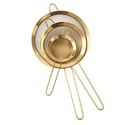 Fine Mesh Strainer 3 Pc Set, Golden Flour Sifter for Baking, Strainer Set Fine Mesh – Premium 304 Stainless Steel , Matcha Tea Strainer, Gravy Separator, Sieve Pasta Strainers(Gold)