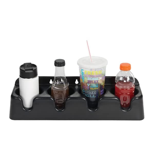 DISPENSE-RITE PCH-4B Countertop or Surface Mounted Beverage Organizer, 4 Compartment ABS Plastic Cup and Container Holder for 8–44 oz Sizes, 3-1/2" Max Diameter, 5"H x 20"W x 5"D, Black