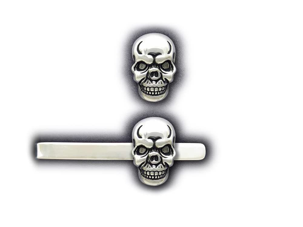Skull Tie Tack or Skull Tie Bar in Solid Sterling Silver Hand Carved & Cast by Paxton