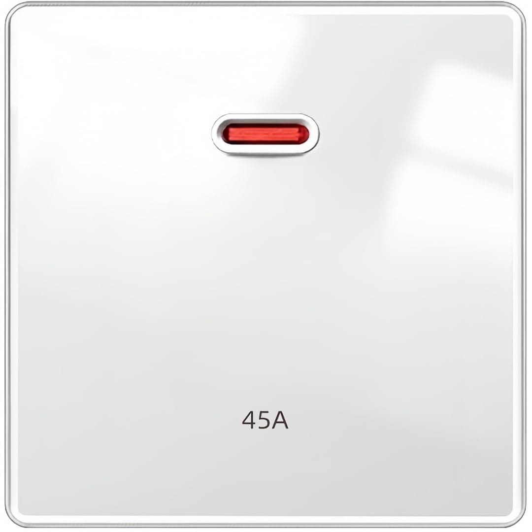 45 Amp Double Pole Switch with LED Power Indicator Tempered White Glass Panel and Big Rocker Button Light Switches,UK Standard Wall Power Socket, Artistic Modern Swich soket (45A Switch)