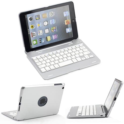 SUPERNIGHT 135 degree Rotate Wireless Bluetooth Keyboard Protective Aluminum Case Cover for Apple iPad Mini Tablet.(Aluminum base + plastic upper cover)Color:White