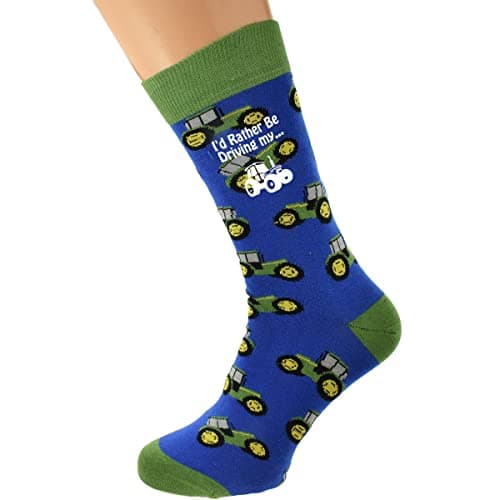 I'd Rather Be Driving My... Tractor Image printed in White Vinyl on woven Mens Two Tone Blue with Green Trim Cotton Socks X6HL031. Single Pair, UK size adult 8-12