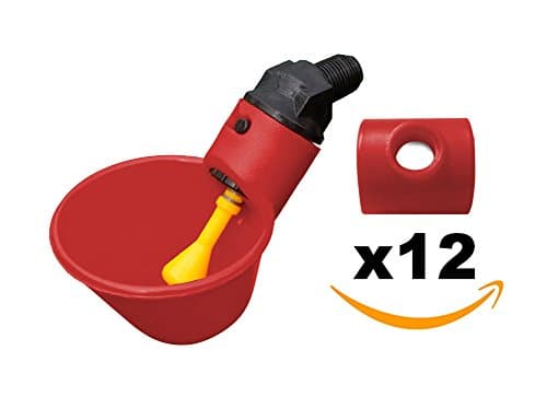 12 Pack - Automatic Poultry Waterer Chicken Drinker Cups with PVC Mount - Watering System for Backyard Flock - Mounting Hardware Included (Red)