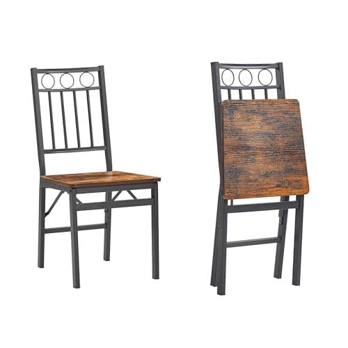 JOIN IRON Folding Dining Chair Set of 2, Foldable Kitchen Chairs, Metal Frame, no Assembly Required, Easy to Store, Suitable for Small Spaces, Rustic Brown (Padded Seat) (Wooden seat)