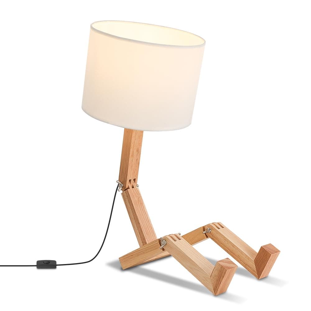 Robot Bedside Lamp, Fabric Lampshade Match Foldable Solid Wood Body, Creative E27 Screw Table Lamp for Bedroom Living Room