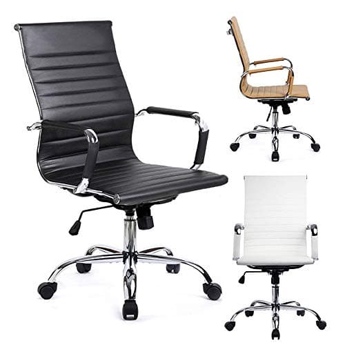 GTPOFFICE Modern Adjustable Ribbed Chair Mid Back Leather Task Desk Chair Swivel Ergonomic Executive Conference Task Chair Black,BIFMA Certified