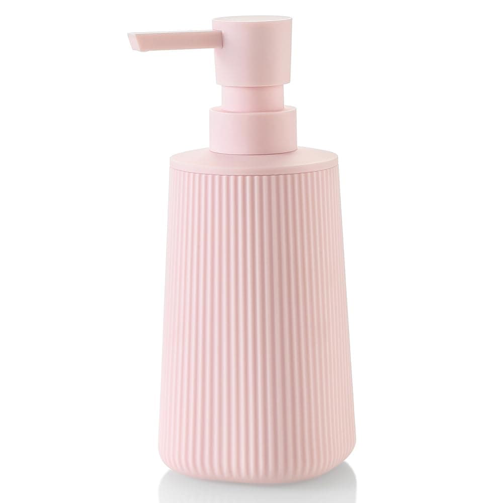 Small Soap Dispenser for Bathroom and Kitchen, Modern Farmhouse Striped Style Plastic Hand Soap Dish Soap Dispenser with Pump Matte Pink for Girls