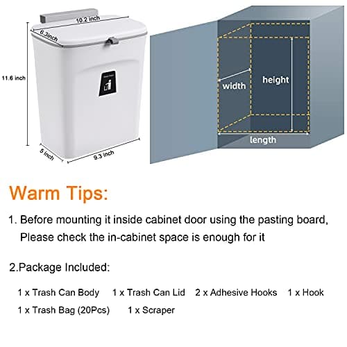 Tiyafuro 2.4 Gallon Kitchen Compost Bin for Counter Top or Under Sink, Hanging Small Trash Can with Lid for Cupboard/Bathroom/Bedroom/Office/Camping, Mountable Indoor Compost Bucket, White