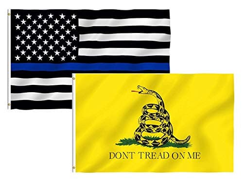 Thin Blue Line Flag Dont Tread On Me Flag, 2 Pack 3x5 Ft 100% Polyester US Thin Blue Line Flag Police Flags Gadsden Dont Tread On Me Halloween Christmas Flags Bright Colors with Metal Grommets
