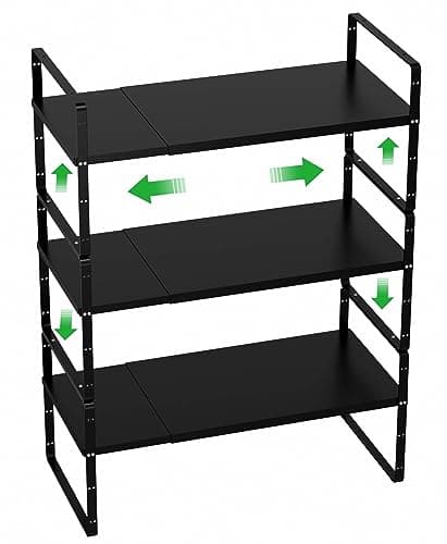 Cabinet Organizer Shelves,Expandable Spice Racks,Stackable Storage Shelves for Kitchen,Pantry,Counter,Bathroom,Home,Office,3 Packs,8.07" D,Black