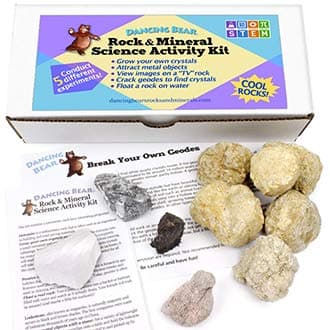 Dancing Bear Rock & Mineral Science Activity Kit (10 Pc Set for 5 Lab Experiments), Grow Your Own Crystals, Crack Open Geodes, Magnetic Lodestone, Float a Rock,“TV” Stone, Fun STEM Geology Exploration
