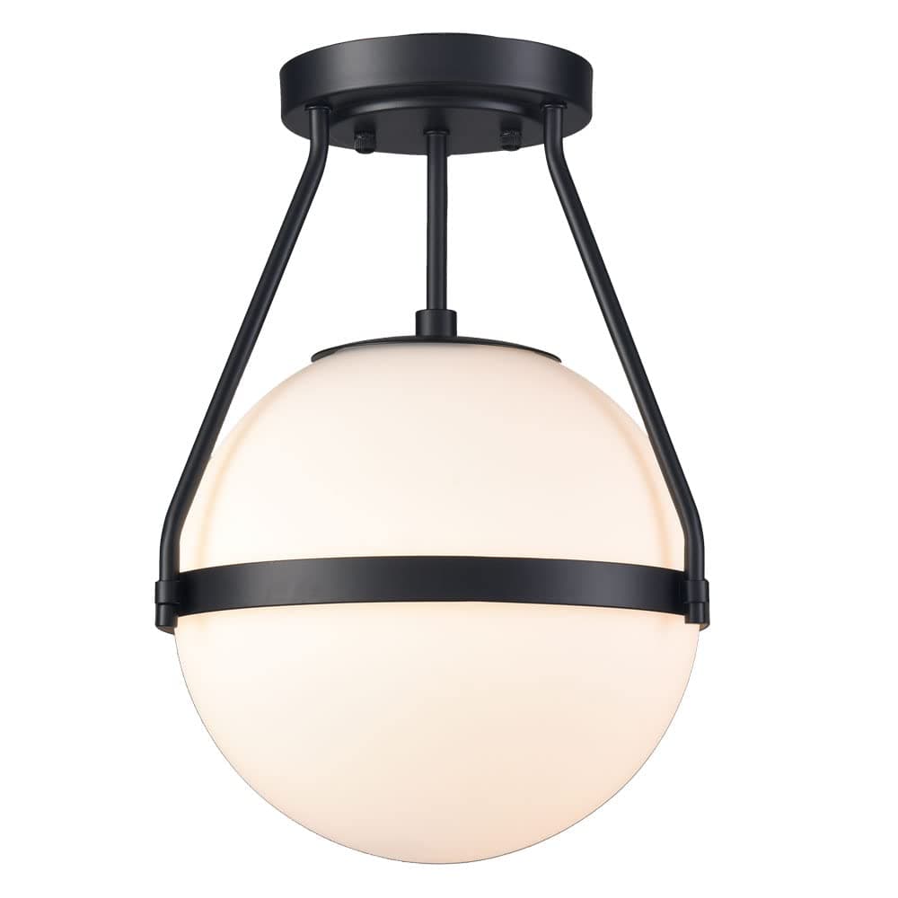 HOLKIRT Mid Century Semi Flush Mount Ceiling Light Black Globe Ceiling Light Modern Light Fixture with White Opal Glass Shade for Living Room Bedroom Hallway