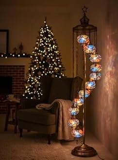 DEMMEX 11 Globe Turkish Moroccan Mosaic Floor Lamp, 7ft Tall - Tiffany Style Standing Decorative Boho Lamp with Colorful Globes for Bedroom, Living Room, Entryway – Handmade in Turkey, Multicolor