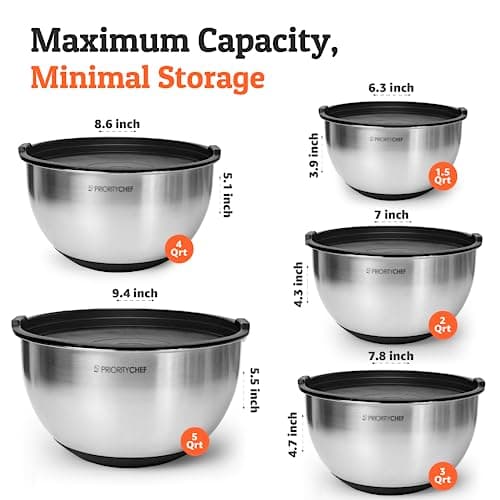 PriorityChef 5 Piece Mixing Bowls with Lids, Large 5 Quart Capacity, Stainless Steel, Non Slip Silicone Bottom, Stackable for Minimal Storage, Black Base