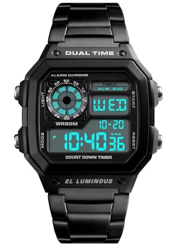 PASOY Mens Digital Multi-Function 2 Time Rubber Alarm Stopwatch Countdown Backlight Swim Waterproof Watch