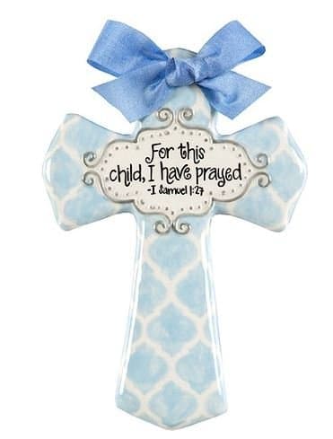 Sue Berk Designs 'for This Child I Have Prayed' Blue Quatrefoil 8" Wall Cross for Baby or Child's Room