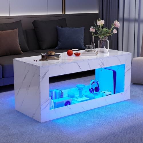 47inch Large High-Glossy LED Coffee Table, Living Room Storage Tables with Large Display Storage, Modern Stylish Center Rectangle Tables with Marbling Print and LED Lights, White