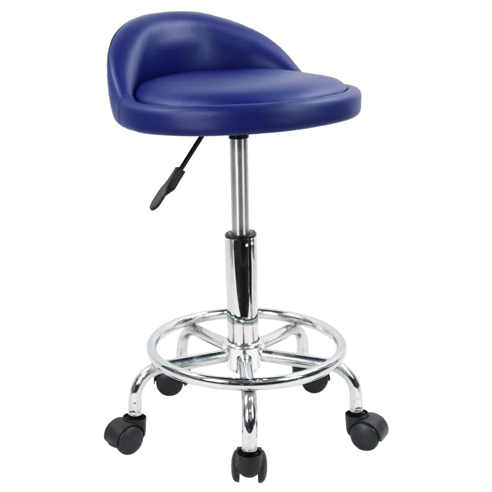 PU Leather Round Rolling Stool with Foot Rest Height Adjustable Swivel Drafting Work SPA Task Chair with Wheels (Blue)