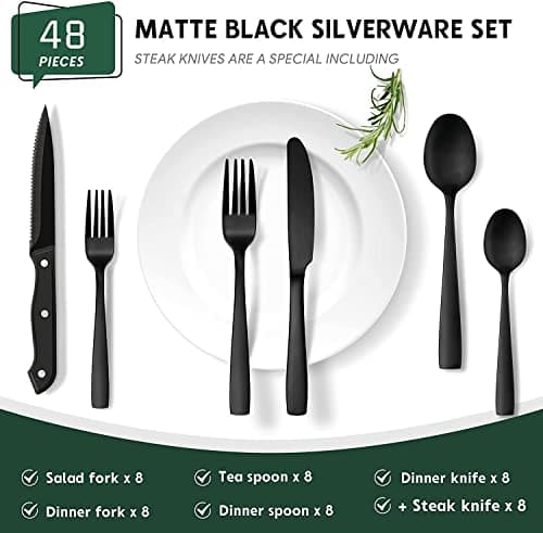 Hiware 48-Piece Matte Black Silverware Set with Steak Knives, Black Flatware Set for 8, Stainless Steel Tableware Cutlery Set, Utensil Sets for Kitchen, Hand Wash Recommended