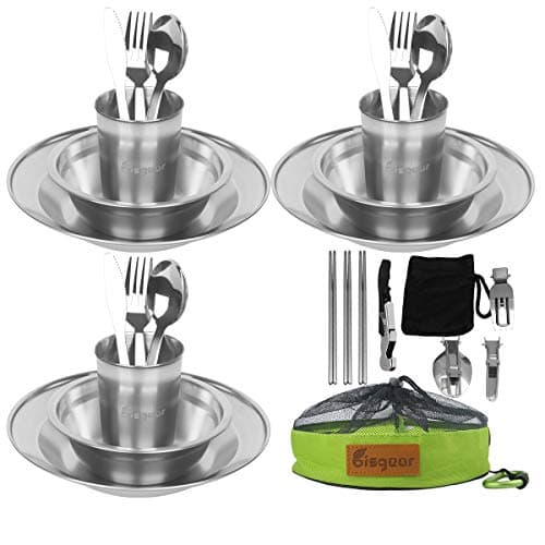 Bisgear 27pcs Stainless Steel Tableware Mess Kit Includes Plate Bowl Cup Spoon Fork Knife Chopsticks Carabiner Wine Opener Dishcloth & Mesh Travel Bag for Camping Backpacking for 3 Person