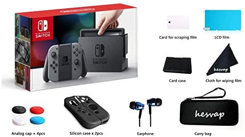 2020 Nintendo Switch Gray Joy Con w/ 69 Value HESVAP 13in1 Supper Kit Case (Earphone, LCD Film, Card Case, Silicon Case x 2pcs, Carry Bag, Wiping Cloth etc.) (Gray)