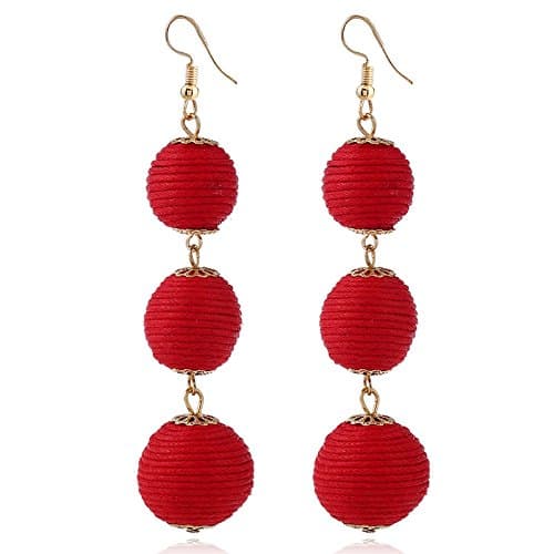 Threaded Ball Dangle Hook Bohemia Earrings Thread Wrapped Triple Balls Dangle Earrings Lantern Ball Tassel Cute Soriee Drop Earrings for Women (Red)