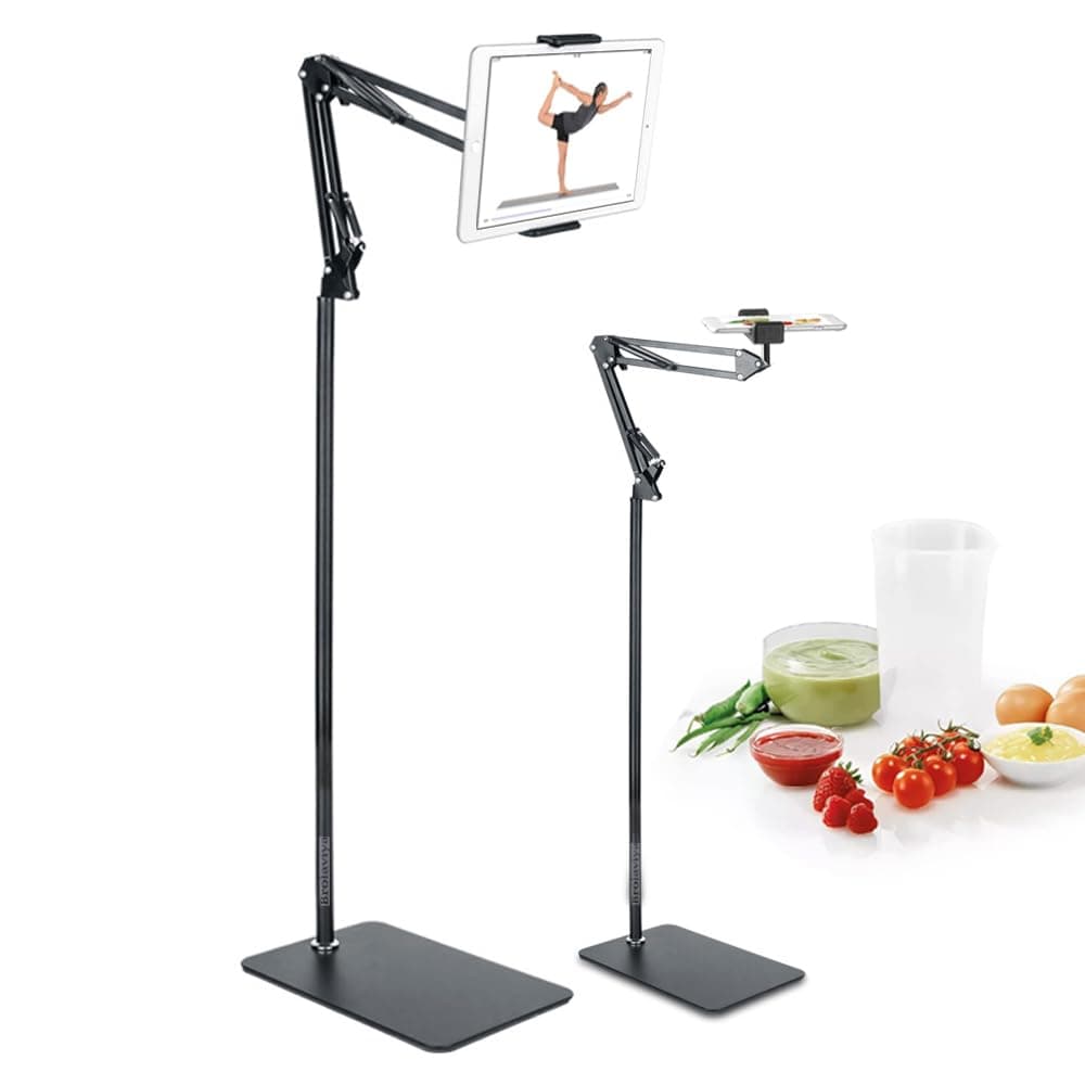 Multi-Direction Universal Tripod Floor Stand for 4'-11' inch, with Gooseneck Clip Lazy Arm Bracket for Both Mobiles and Tablets for Bedroom, Office, Kitchen