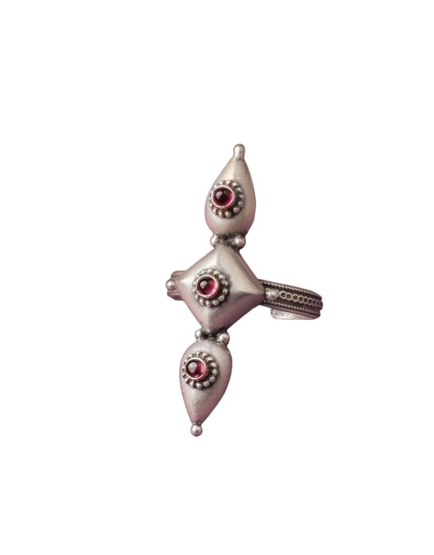 Shyle925 Solid Sterling Silver Mizoya Tri Motif Pink Stone Ring, Statement Adjustable Ring, Handcrafted Oxidized Silver Ring, Well Stamped with 925, Gift For Her, Traditional Jewellery