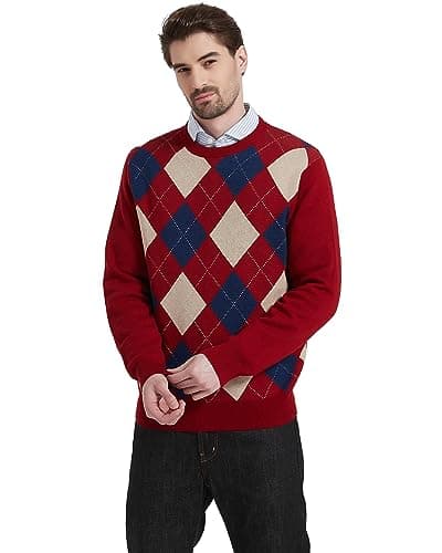 Kallspin Men's Wool Blend Crewneck Sweater Argyle Long Sleeve Pullover Sweater for Casual Or Dressy Wear