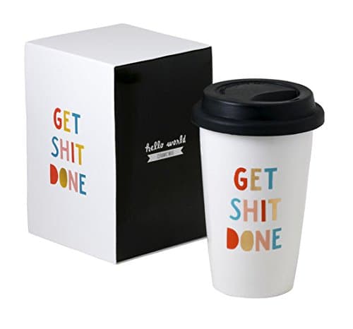 About Face Products Get Shit Done Thermal Ceramic Coffee Mug with Lid and Gift Box, 11 Ounces