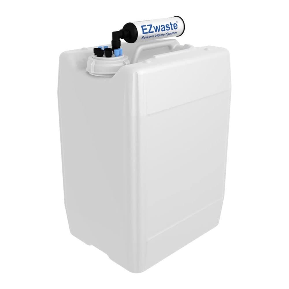 EZwaste HPLC Solvent Waste System, 20L (5 Gal) UN/DOT-Rated Disposable Container, 70mm VersaCap with Four (4x) Ports for 1/8 Inch O.D. Tubing; Three (3x) Ports for 1/4 Inch O.D. Tubing