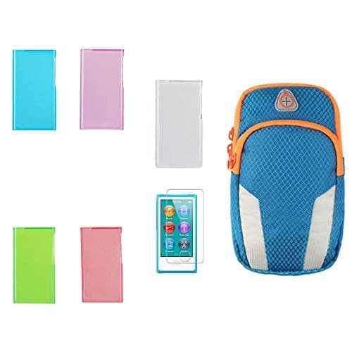 5 Color Soft Silicone Protective Case for iPod Nano 7th & 8th gen + Sports Armband+ HD Clear Screen Protector 7 8 Generation 7G 8G, Durable Flex Gel Skin