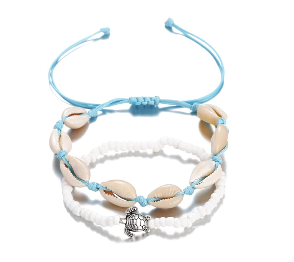 – Turtle Anklets, Turtle Layered Shell Anklet Set Silver Ankle Bracelets Beaded Foot Chain Beach Foot Jewelry Accessories for Women and Teen Girls, One Size