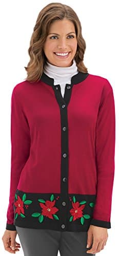 Embroidered Poinsettia Button Front Cardigan