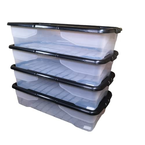 Samuel ALEXANDER4 x 42L Clear Under Bed Storage Box with Black Lid, Stackable and Nestable Design Storage Solution