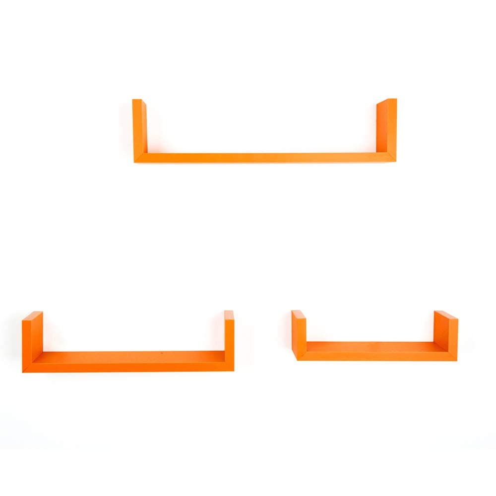 Set of 3 Floating Wall Shelves, Rustic Laminated MDF Floating U Wall Decor Shelves (Orange)