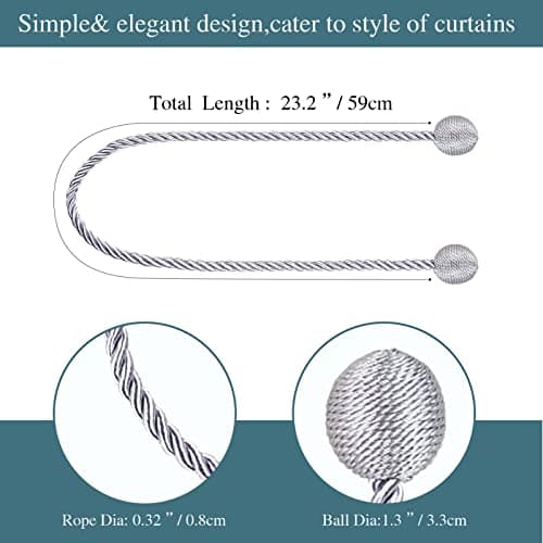 Hangtty 2 Pack Curtain Tiebacks Elegant Decorative Curtain Tie Backs Rope Curtain Holders for Drapes Window Treatment Holdbacks for Drapes or Curtains, Grey