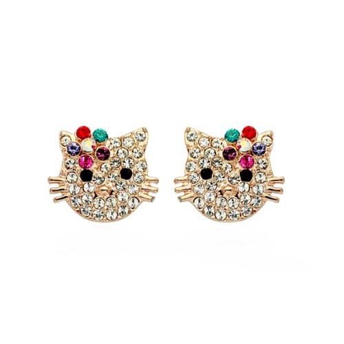 Adorable Kitty Cat Stud Earrings with Multi-color Crystal