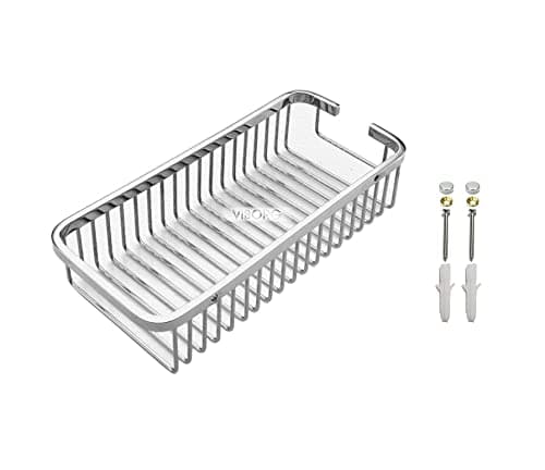 VIBORG Deluxe Solid Thick SUS304 Stainless Steel Wire Wall Mounted Single Tier Bathroom Rectangular Shower Basket Bath Caddy Shelf Organizer Storage Holder for Shampoo Conditioner Polished mirror-like