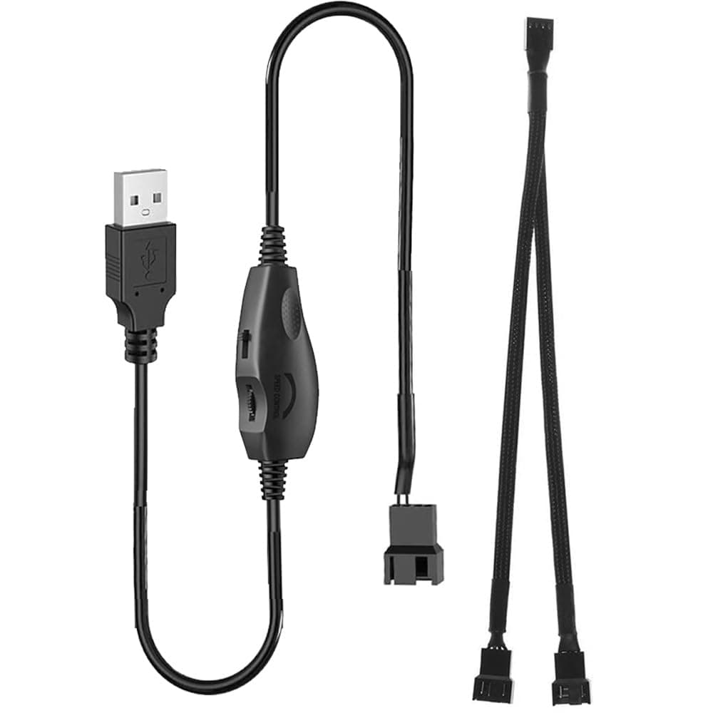 12V Voltage Step-Up USB to 3-Pin and 4-Pin PC Fan Sleeved Power Adapter Cable+Splitter Cable 1 to 2 with Switch and Speed Regulator