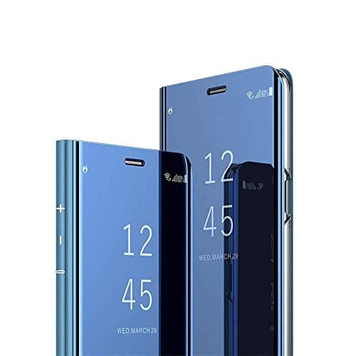 LEECOCO for Huawei P30 Pro Case Slim Luxury Clear View Electroplate Plating Mirror Makeup [Kickstand] Full Body Protective Cover Flip Case Cover for Huawei P30 Pro Mirror PU Blue