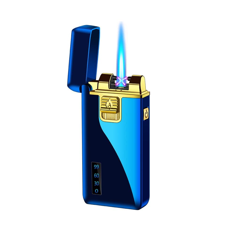 Torch Lighters Dual Arc Lighter 2 in 1 Jet Flame Butane Lighter Electric Lighter USB Rechargeable Lighter Windproof Infinity Lighter Battery Indicator for Camping Indoor (Blue)