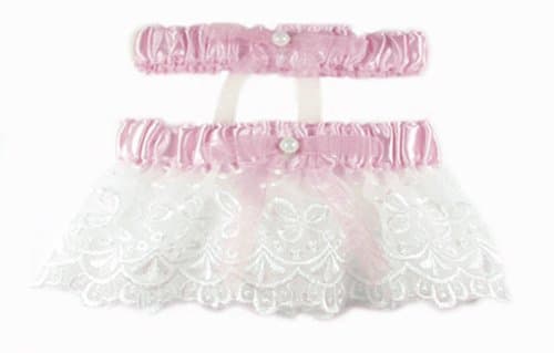 Pink Wedding Garter Set with White Lace