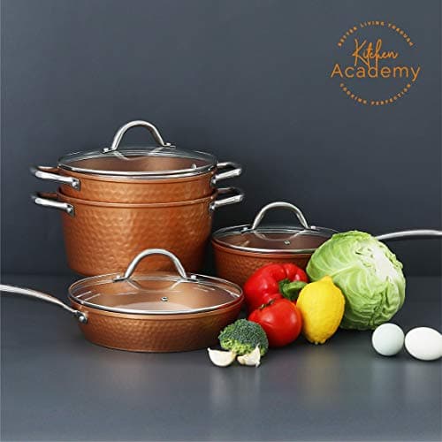 Kitchen Academy Red Ceramic Hammered 6 Piece Nonstick Induction Cookware Set…