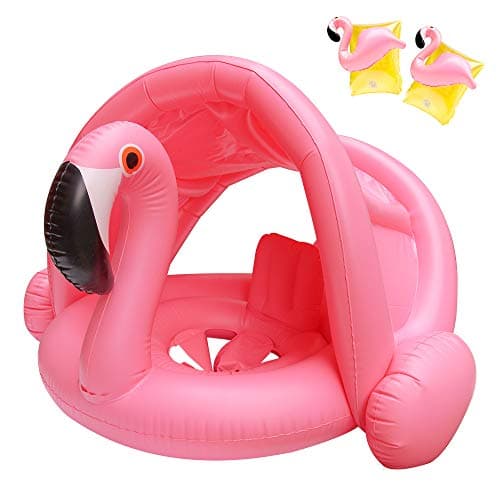 NINESUN Baby Pool Float, Baby Float with Canopy, Flamingo Float for 6-48 Months.