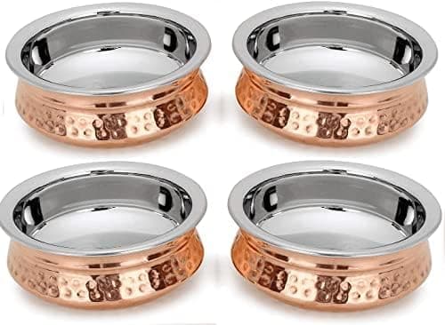 Royal Kurta Copper Tableware Serving Bowl Indian Serve Ware Handi Set Tureen Copper Stainless Steel Serving Dishes Set of 4 (6 inch)