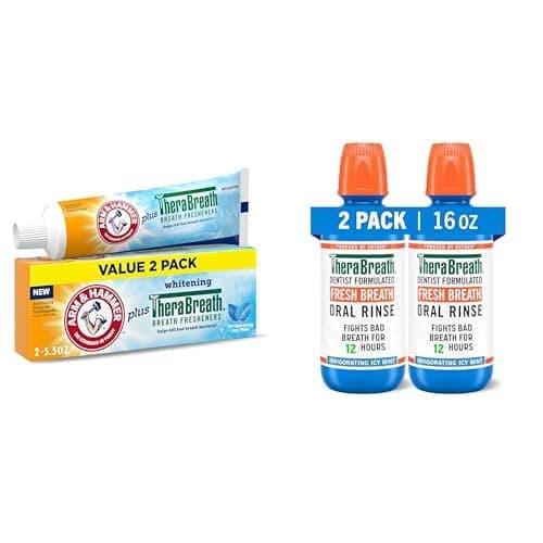 Bundle of ARM & HAMMER Toothpaste Plus TheraBreath Toothpaste for Bad Breath, 5.5 Oz (Pack of 2) + TheraBreath Fresh Breath Mouthwash, ICY Mint Flavor, Alcohol-Free, 16 Fl Oz (Pack of 2)